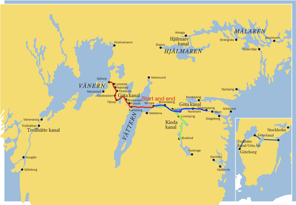 Karta över möjliga rutter i Göta kanal